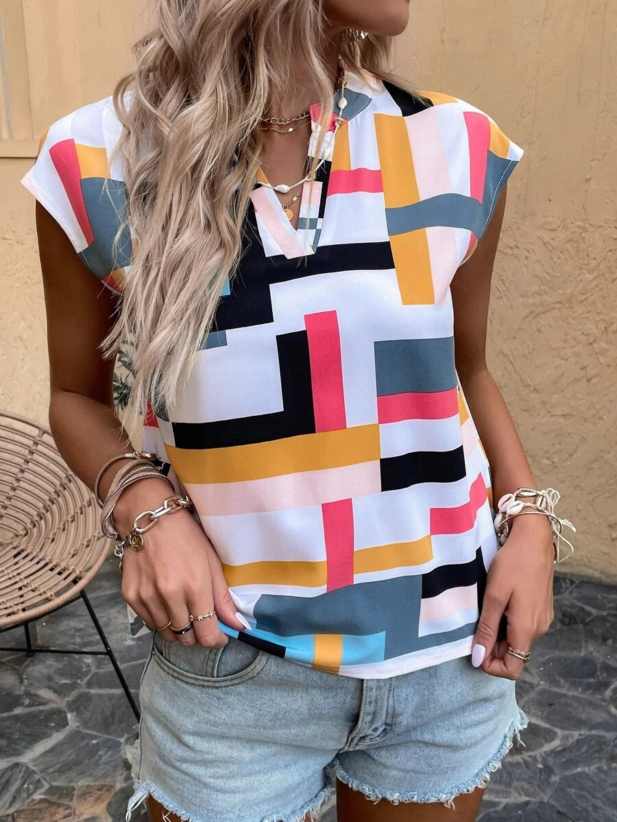 Geometric V Neck Sleeveless Loose Casual Blouse