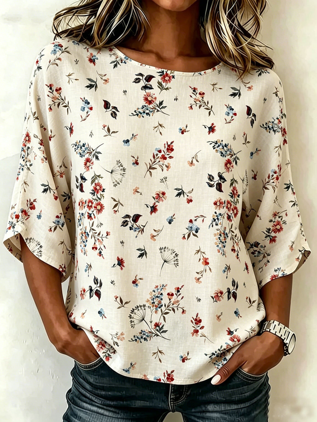 Cotton And Linen Floral Printed Vintage Loose Casual Top