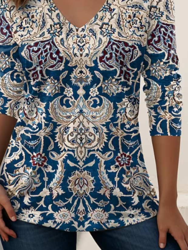 Women's Long Sleeve T-shirt Spring/Fall Blue Ethnic Printing V Neck Holiday Going Out Casual Top