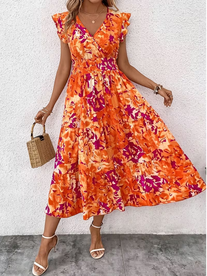 Abstract Foloral Print V Neck Ruffle Sleeve Smock Vacation Summer Going Out Maxi Dress
