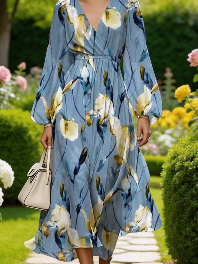Balloon Sleeve Loose V Neck Floral Elegant Dress With No