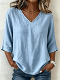 Loose Plain Casual V Neck Blouse
