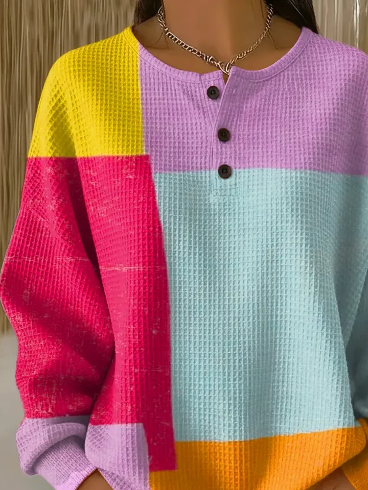 Women's Color Blocking Print Button-Up Casual Waffle Knit Sweatshirt
