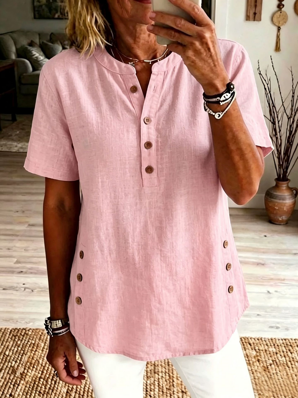 Cotton And Linen Stand Collar Short Sleeve Button Summer Daily Going Out Casual Shirt