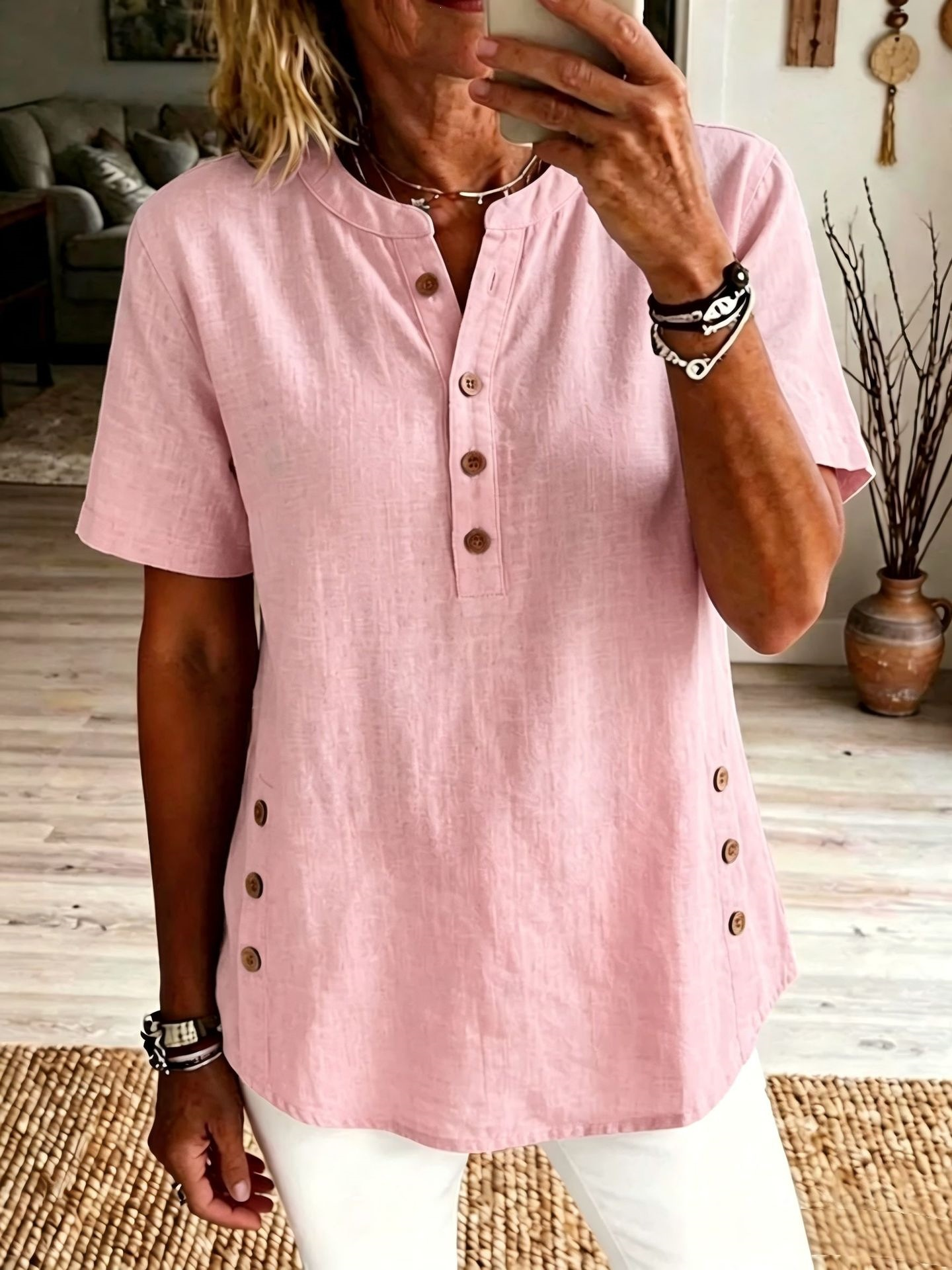 Cotton And Linen Stand Collar Short Sleeve Button Summer Daily Going Out Casual Shirt