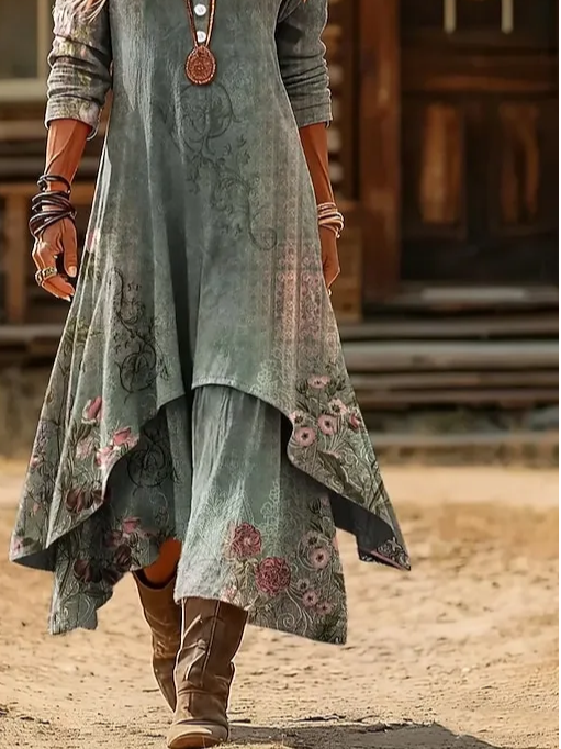Boho Chiffon Floral Crew Neck Dress With No