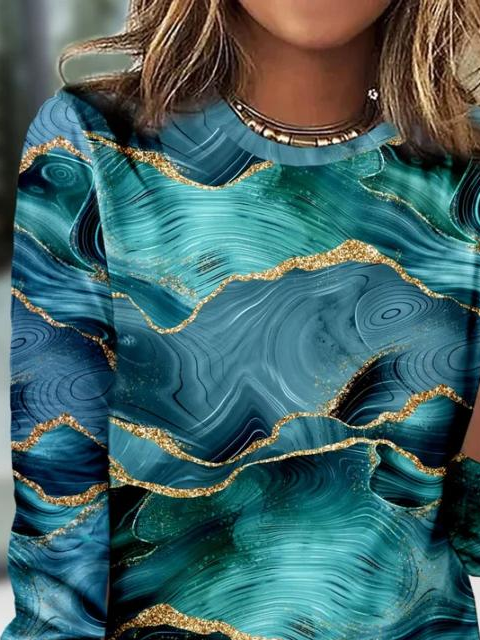 Women's Long Sleeve T-shirt Spring/Fall Blue Abstract Printing Jersey Crew Neck Daily Going Out Casual Top