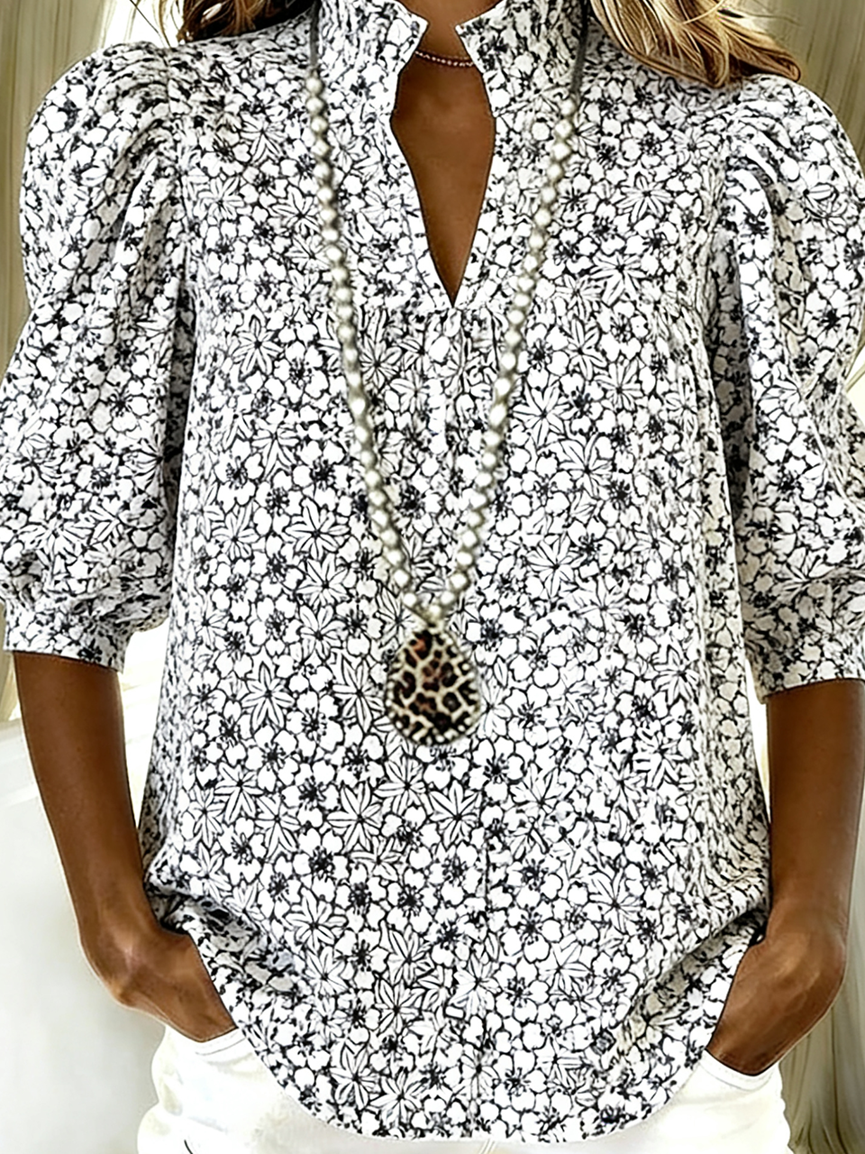 Puff Sleeve Loose Casual Shawl Collar Shirt