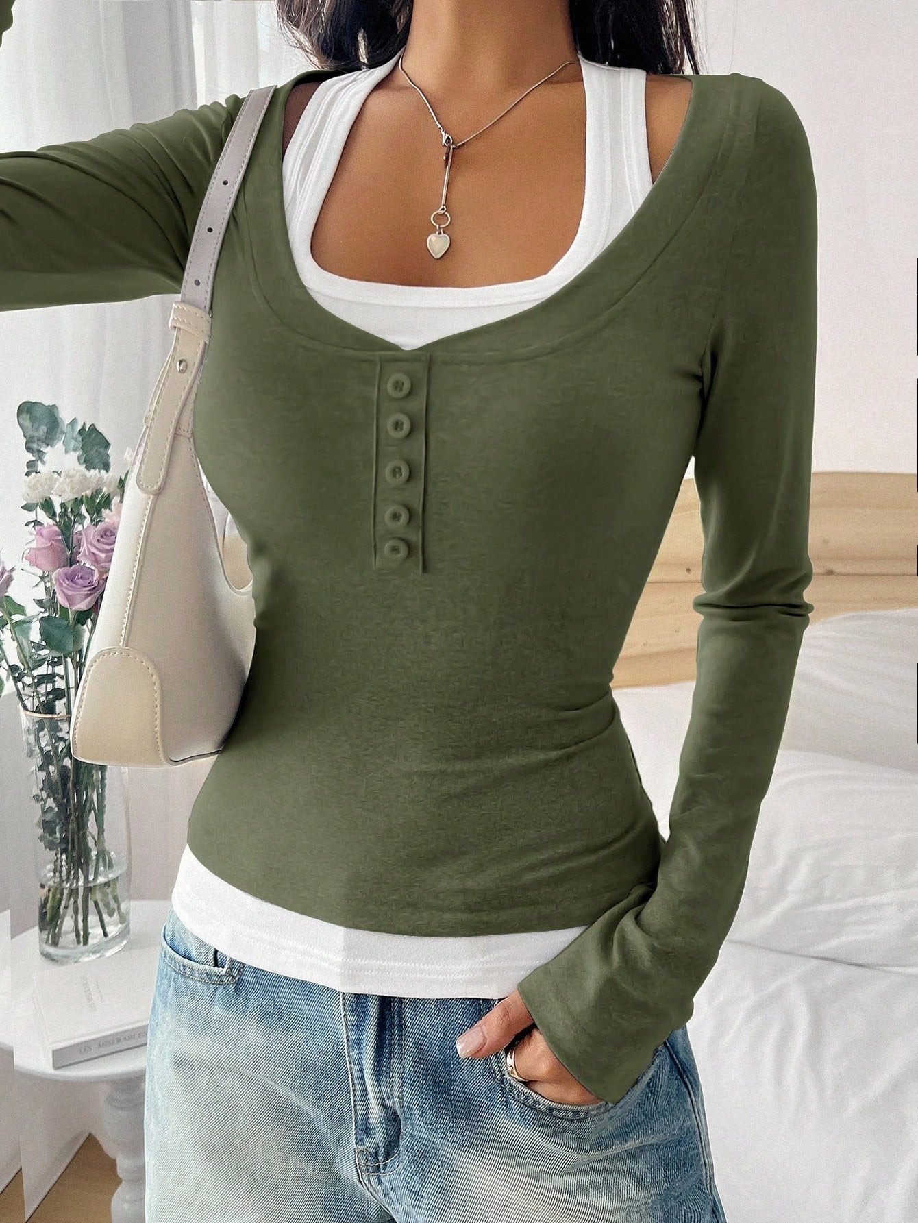 Square Neck Cotton Casual T-Shirt