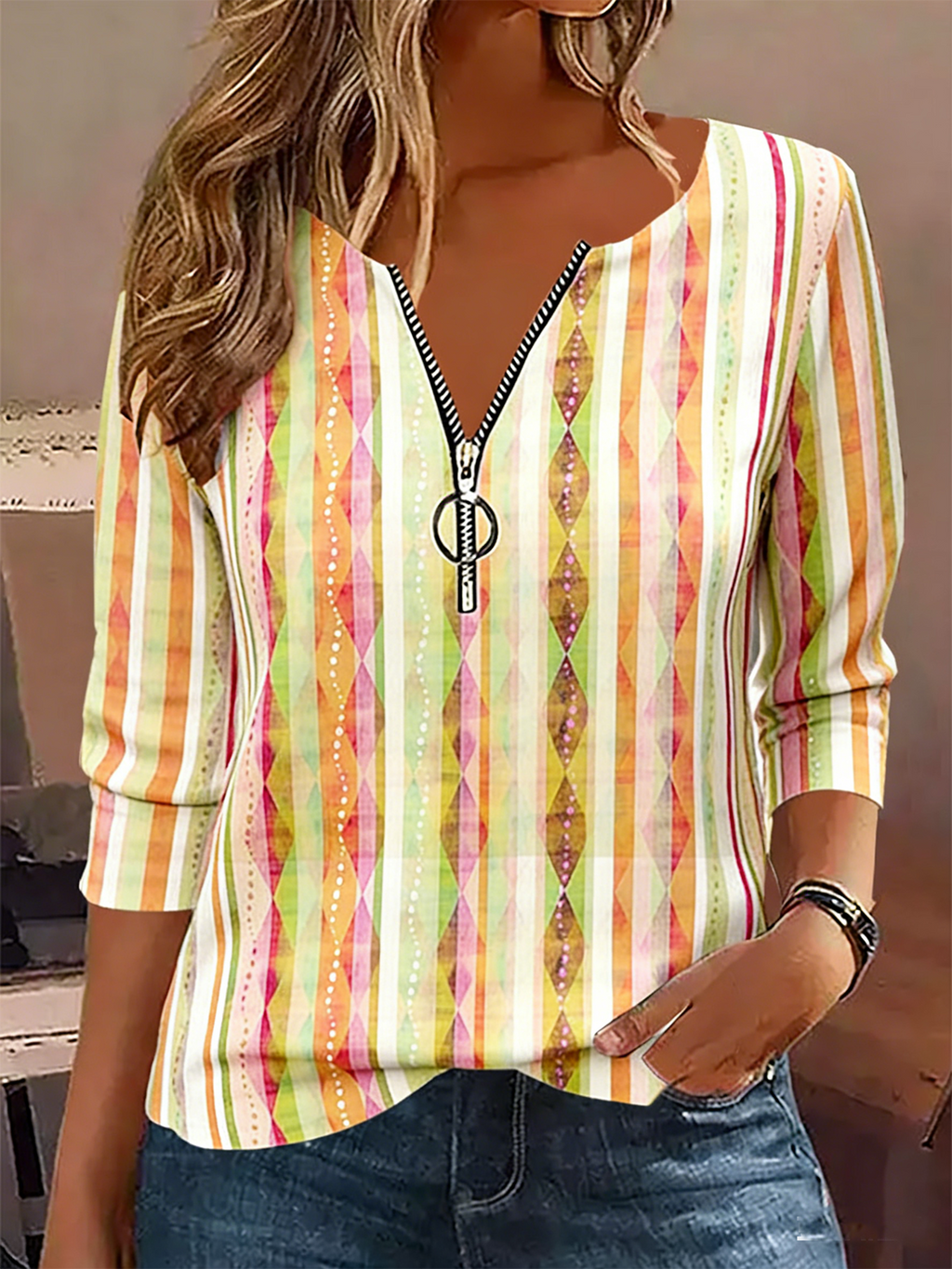 Cotton-Blend V Neck Casual T-Shirt