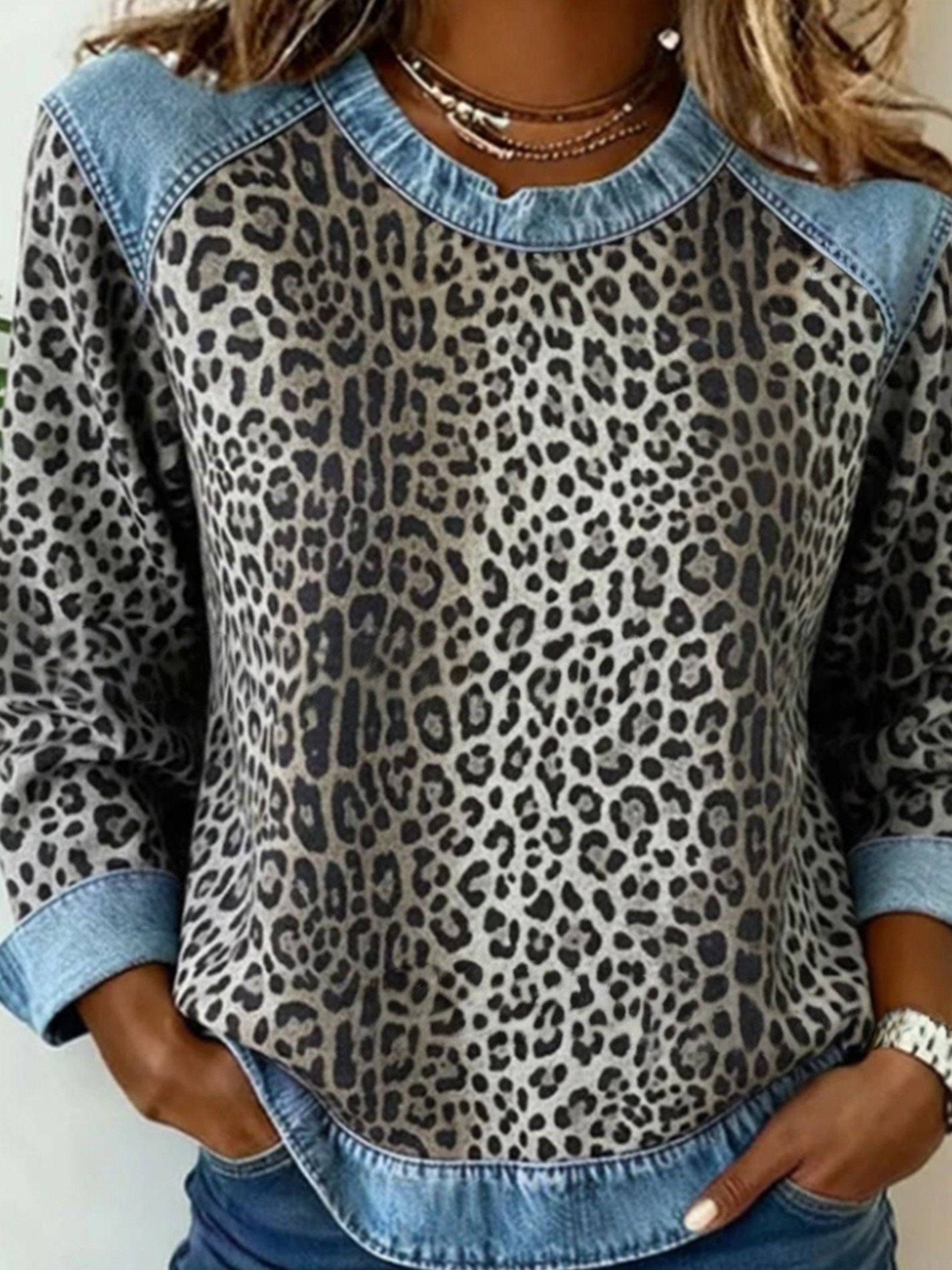 Leopard Color Block Crew Neck Long Sleeve Casual Sweatshirt