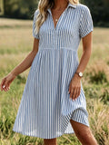 Blue Striped Print V-Neck Short Sleeve Daily Going Out Casual Midi Dress