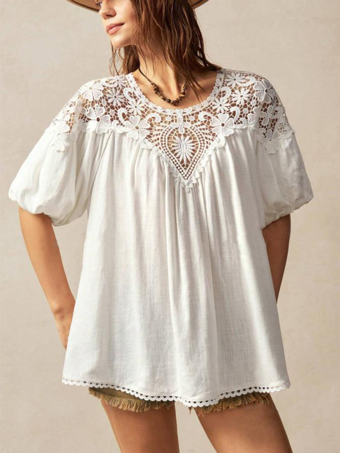Polyester Cotton Lace Patchwork Crew Neck Puff Sleeve Western Style Summer Spring Going Out Blouse