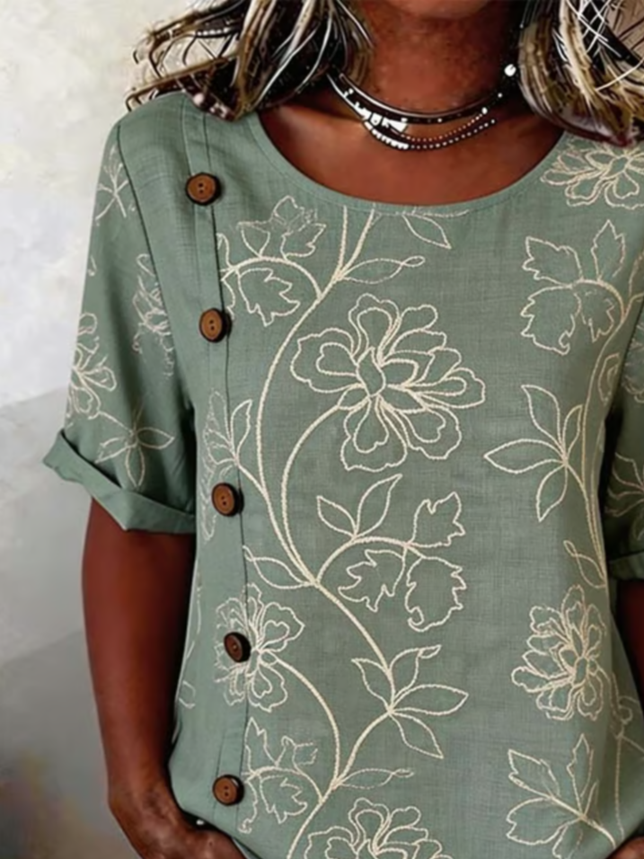 Linen Blend Vintage Loose Floral Shirt