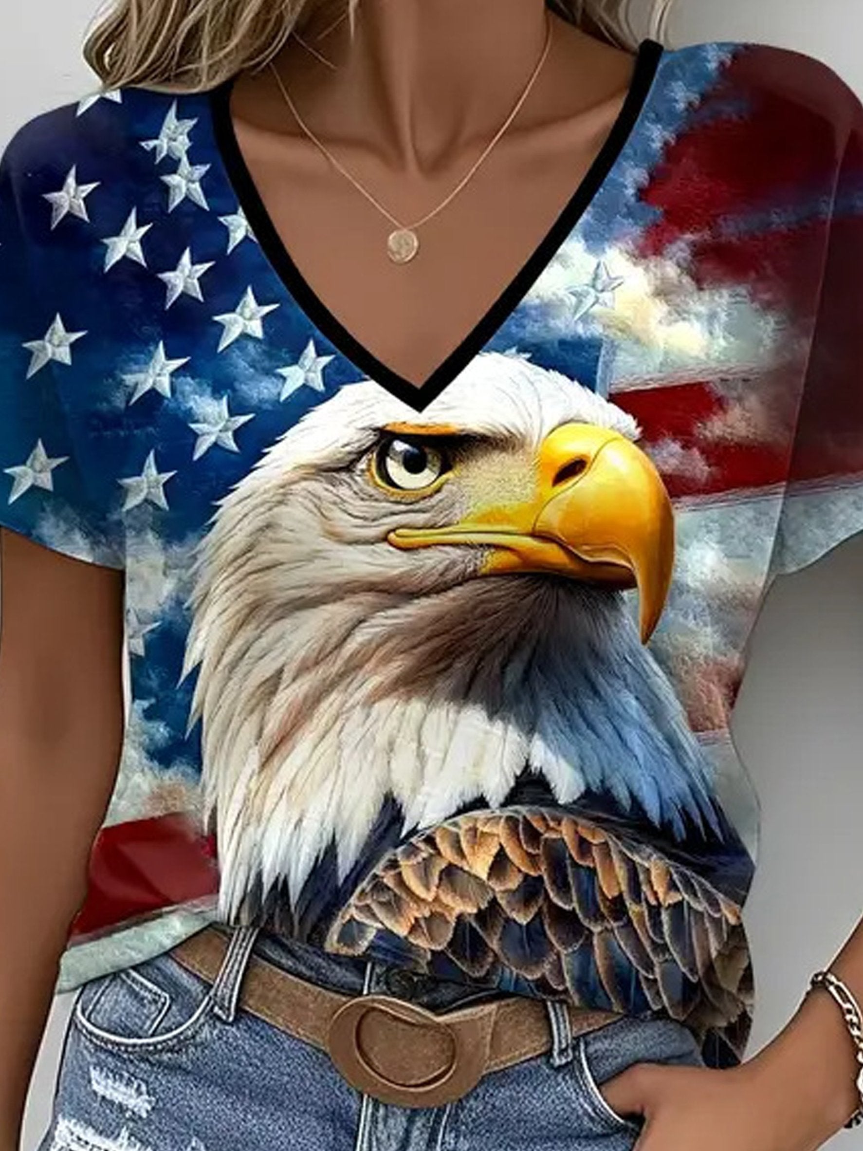 3D Printing America Flag Eagle Old Glory Vintage V Neck Short Sleeve Casual T-Shirt