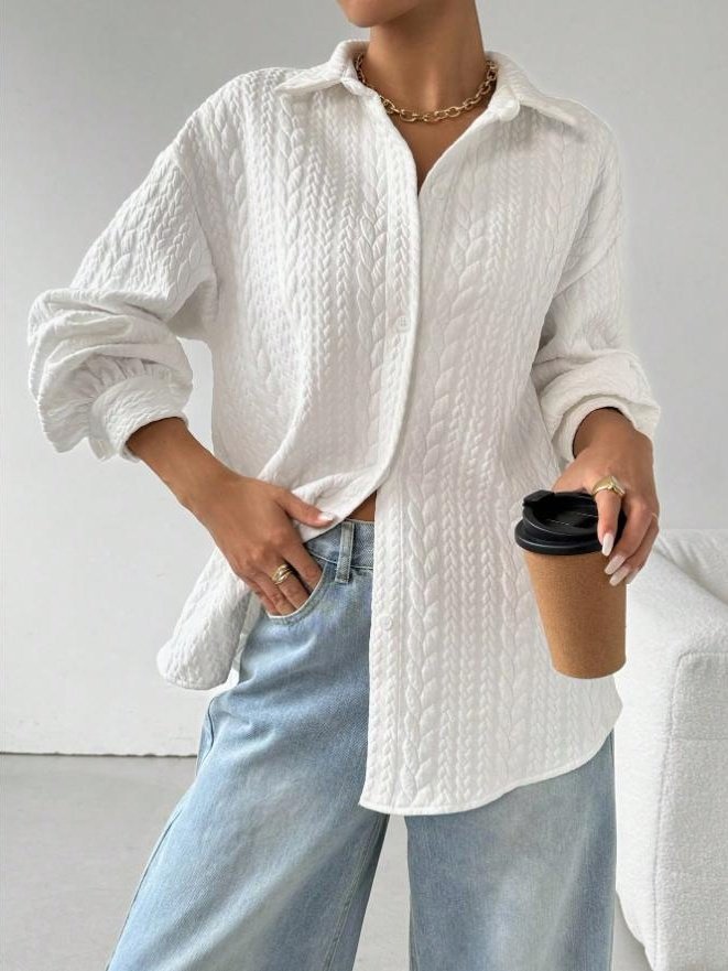 Women's Long Sleeve Shirt Spring/Fall White Plain Split Joint Shirt Collar Daily Going Out Casual Top