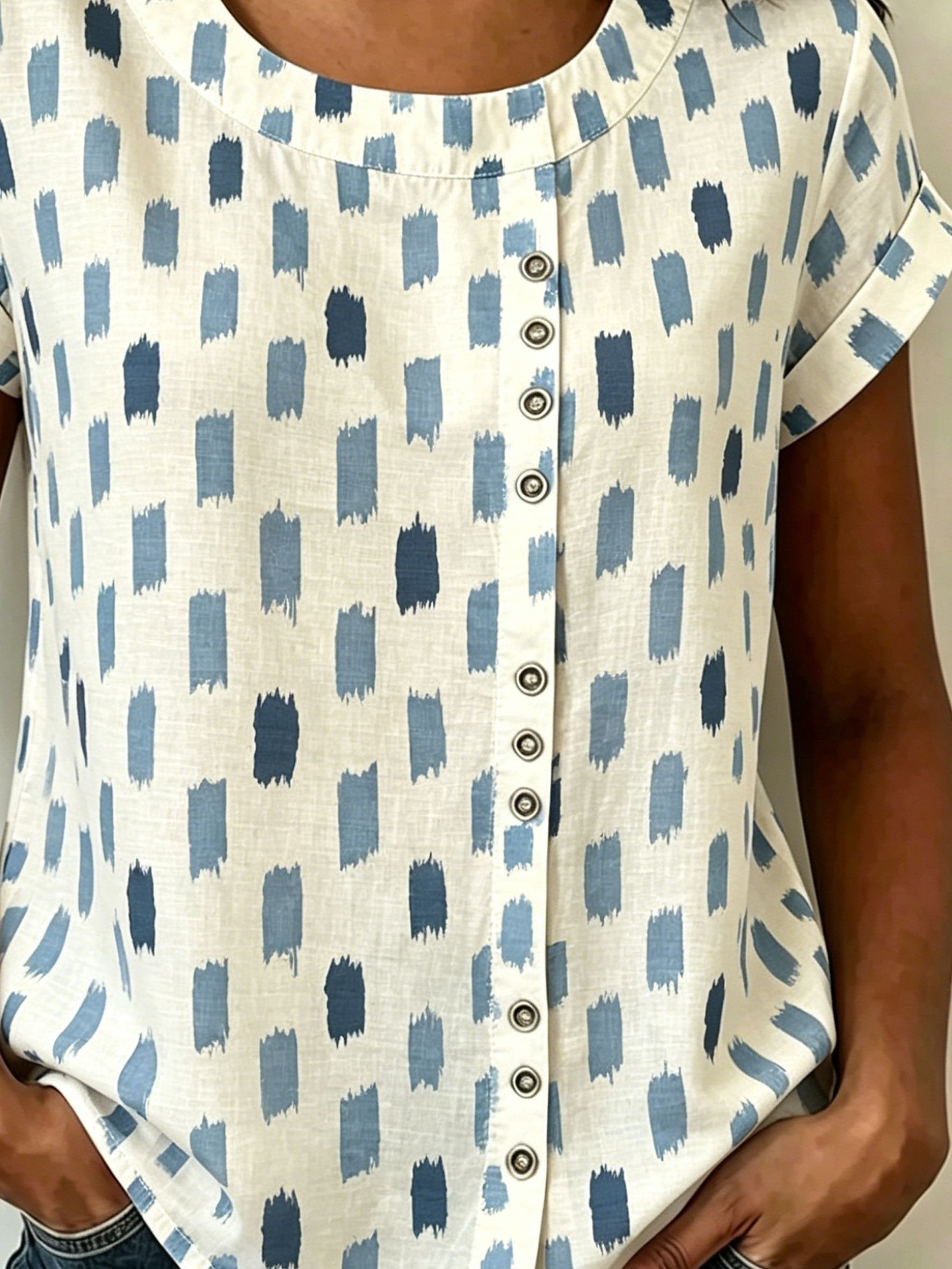 Abstract Graphic Print Casual Linen Blend Crew Neck Short Sleeve Button Loose Casual Top