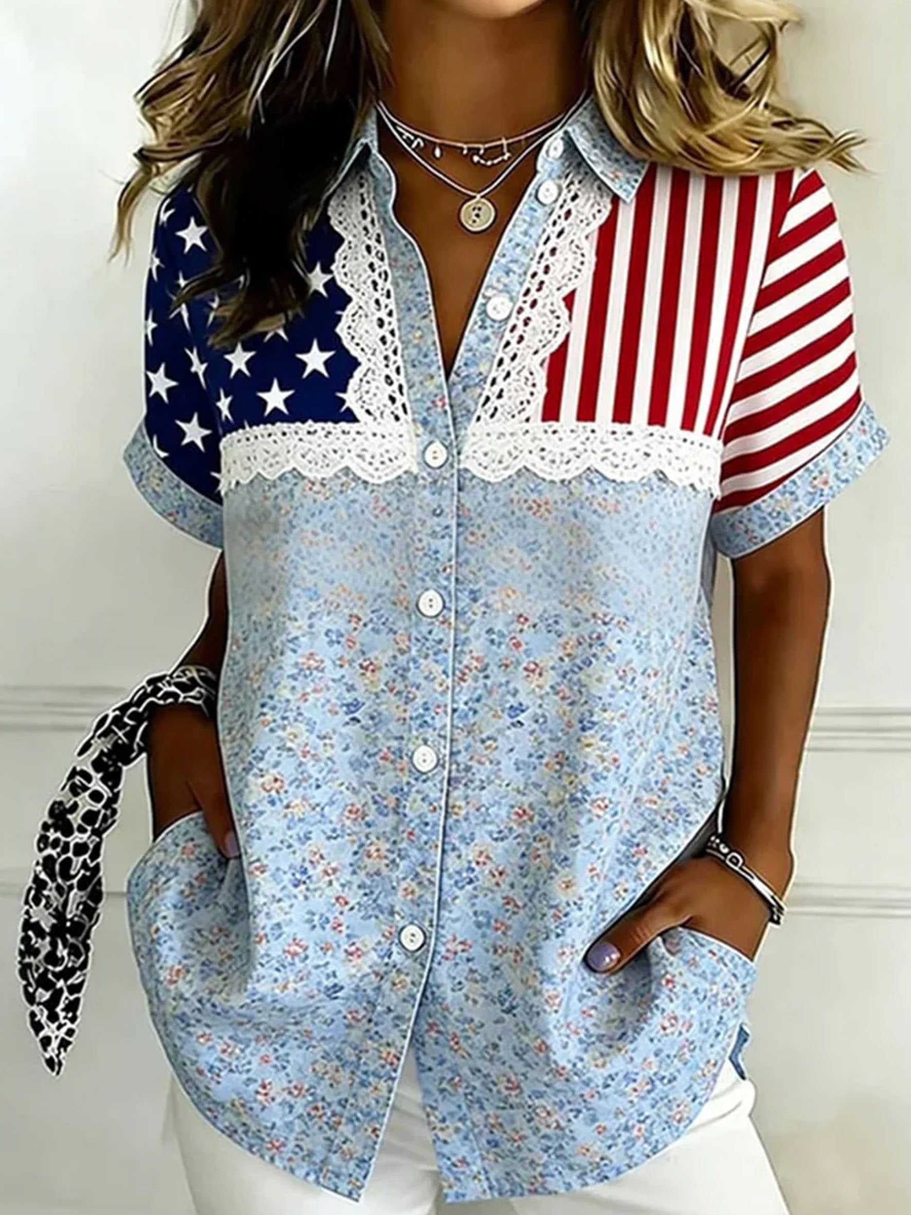 Elegant America Flag Loose Floral Shawl Collar Short Sleeve Going Out Casual Shirt Independence Day
