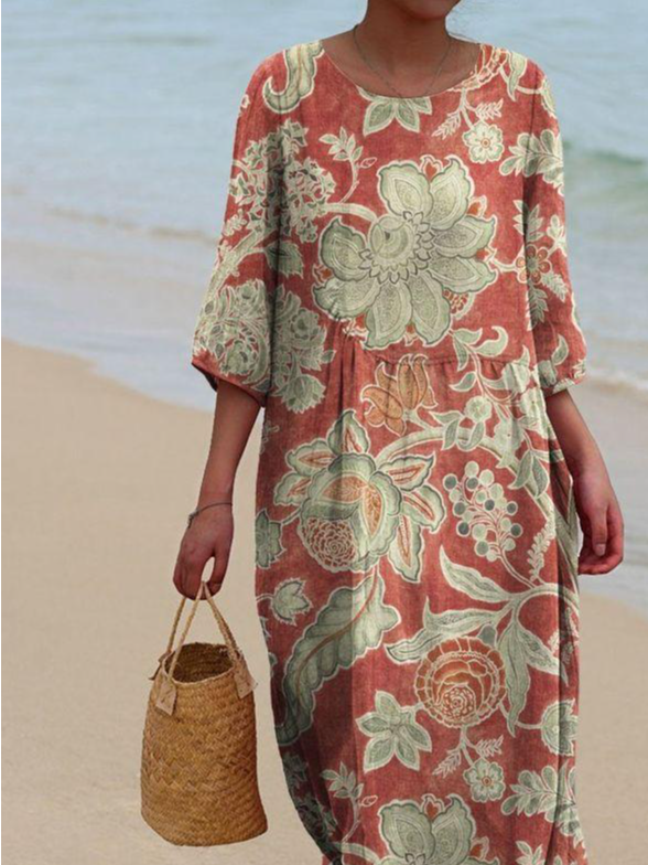 Printed Casual Mid Sleeve Round Neck Dress