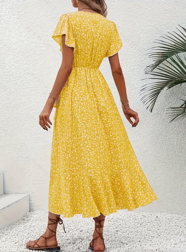 V Neck Ditsy Floral Regular Fit Elegant Dress With No