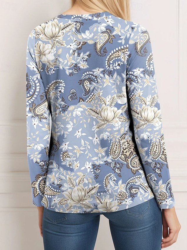 Casual V Neck Floral Loose Blouse