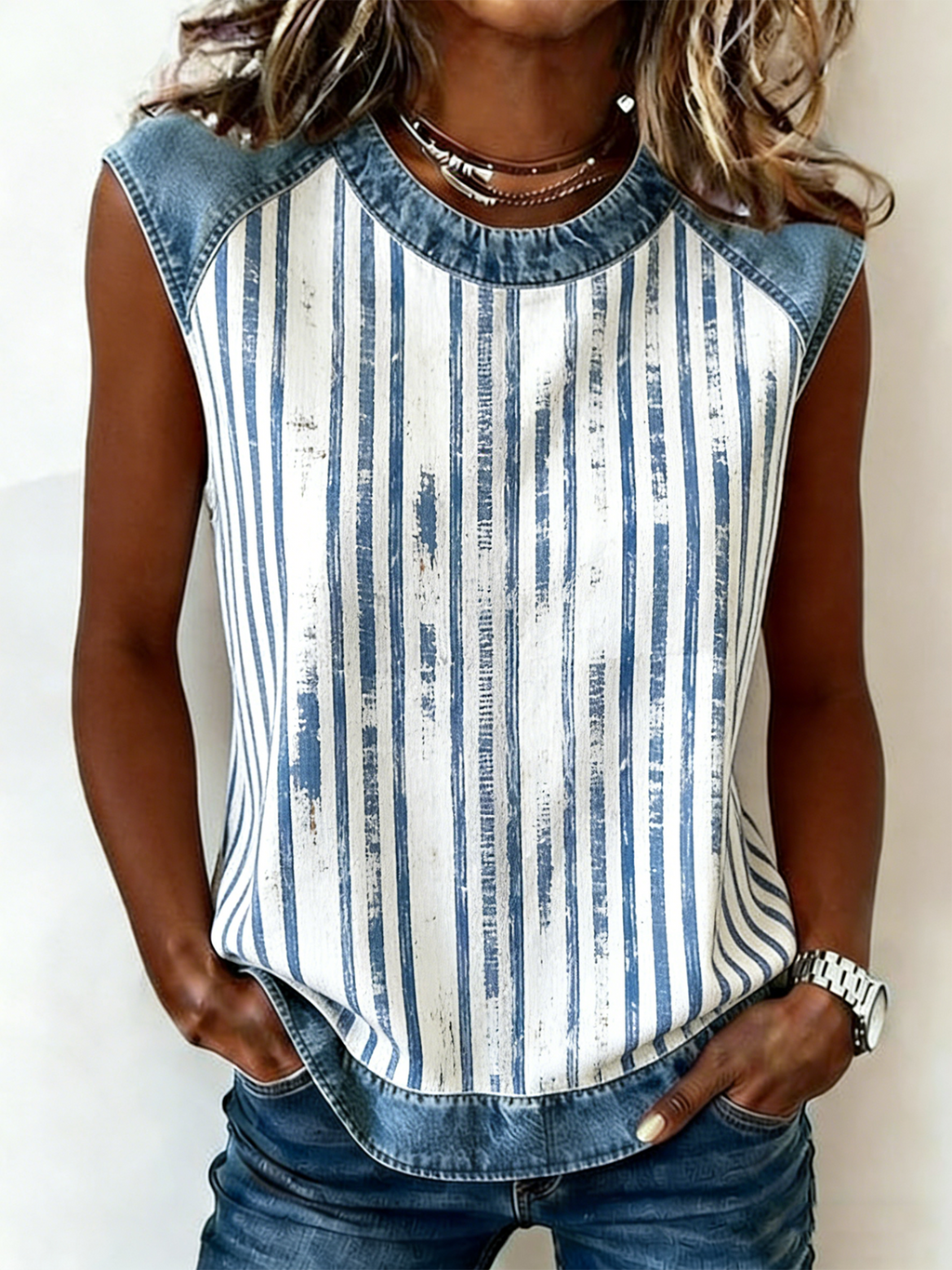 Crew Neck Vintage Striped Tank Top