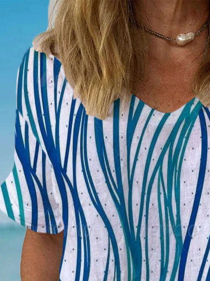 Abstract Print Short Sleeve V-Neck Blouses