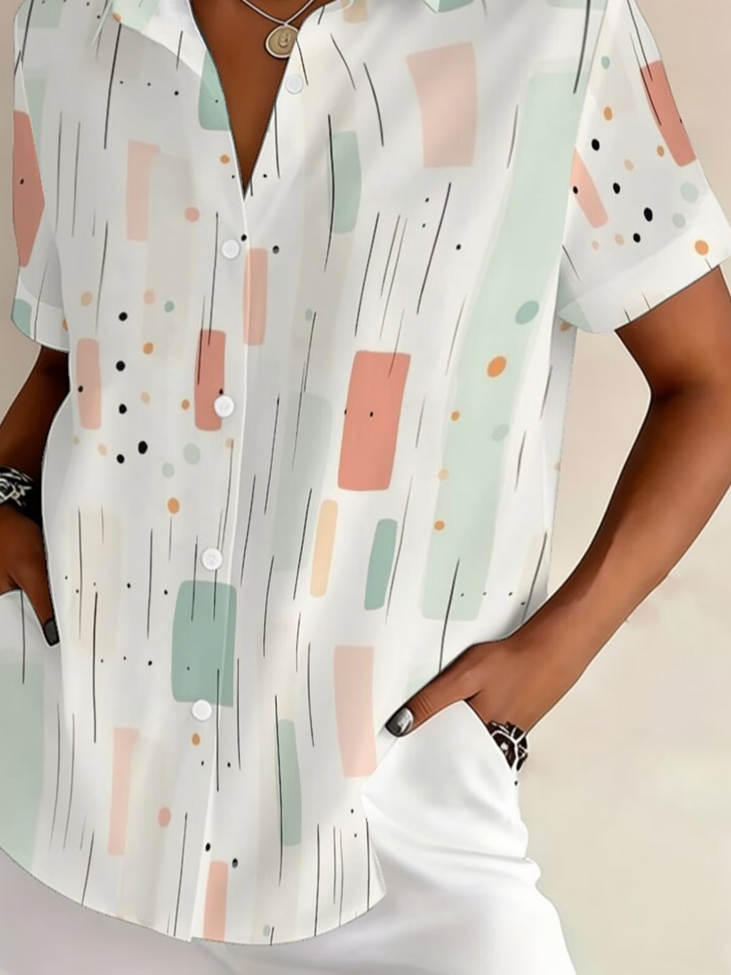 Women's Short Sleeve Shirt Summer White Abstract Printing Shirt Collar Daily Going Out Casual Top