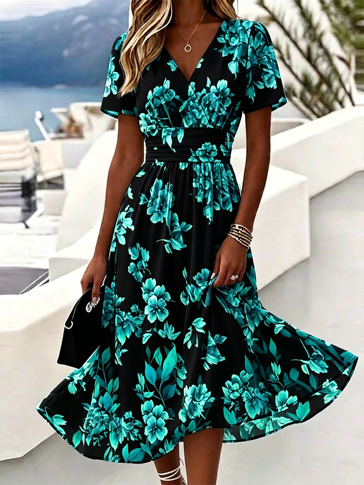 Floral Elegant Regular Fit V Neck Dress With No