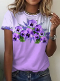 Women's Purple Flower Casual O-Neck Tee