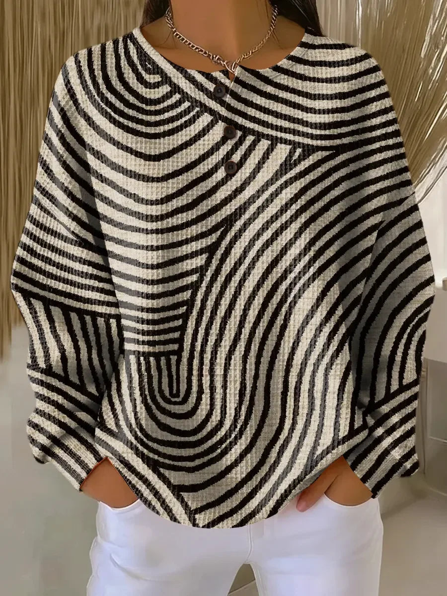 Women's Abstract Print Button-Up Casual Waffle Knit Sweatshirt