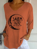 Women's Three Quarter Sleeve T-shirt Spring/Fall Orange Halloween Salem 1692 The Missed One Printing V Neck Daily Going Out Casual Top