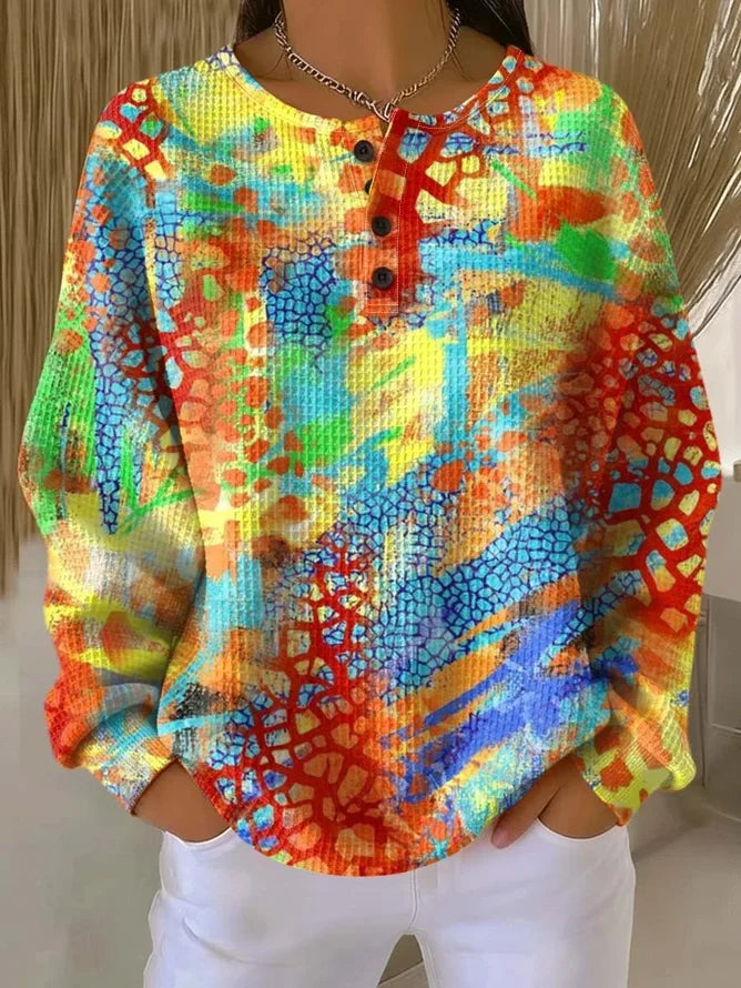 Women's Abstract Print Button-Up Casual Waffle Knit Sweatshirt