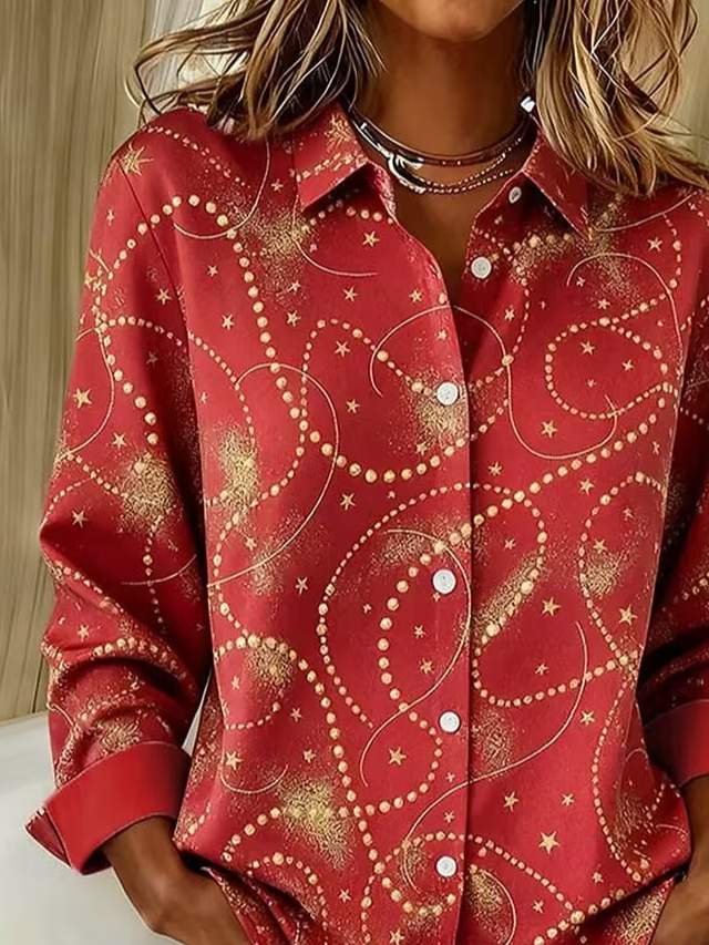 Women's Long Sleeve Shirt Spring/Fall Red Festival Buckle Shirt Collar Regular Sleeve Daily Going Out Casual Top