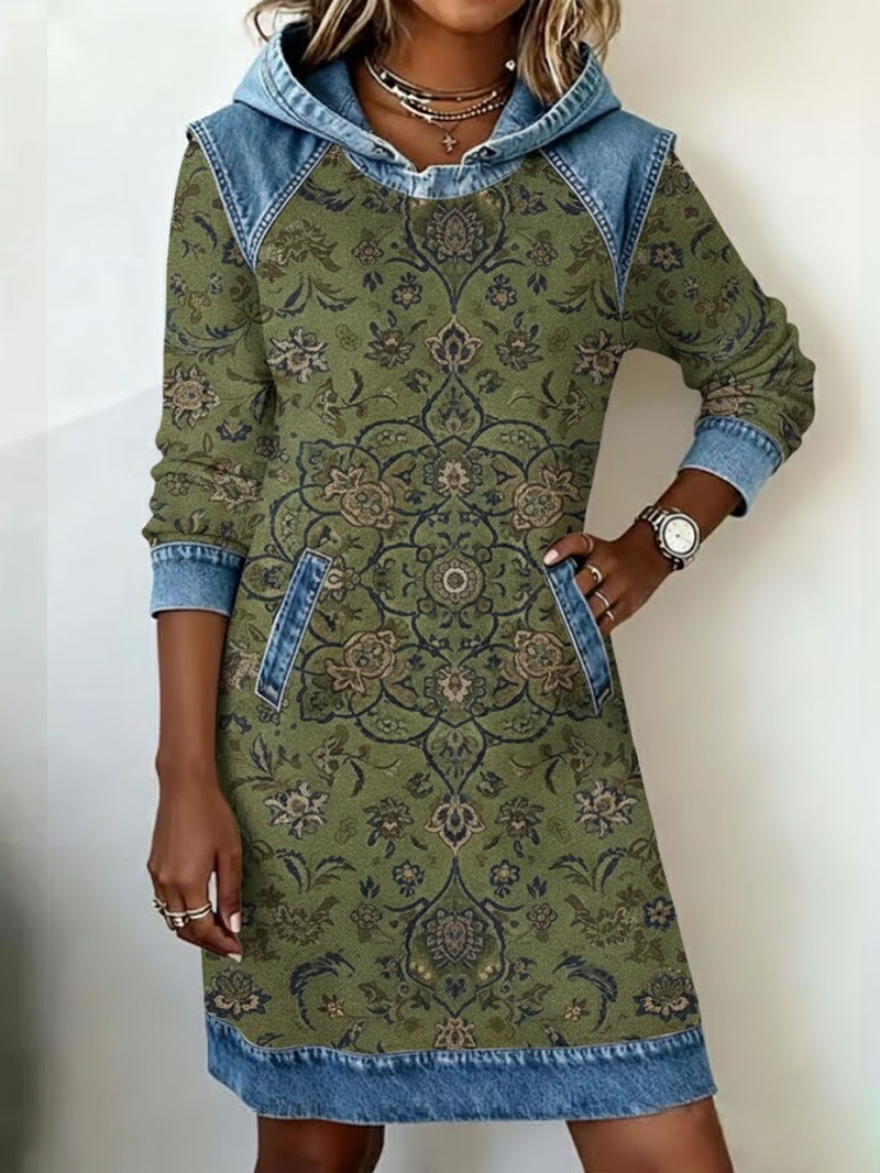 Women's Flowers Print Patchwork Denim Casual Dress