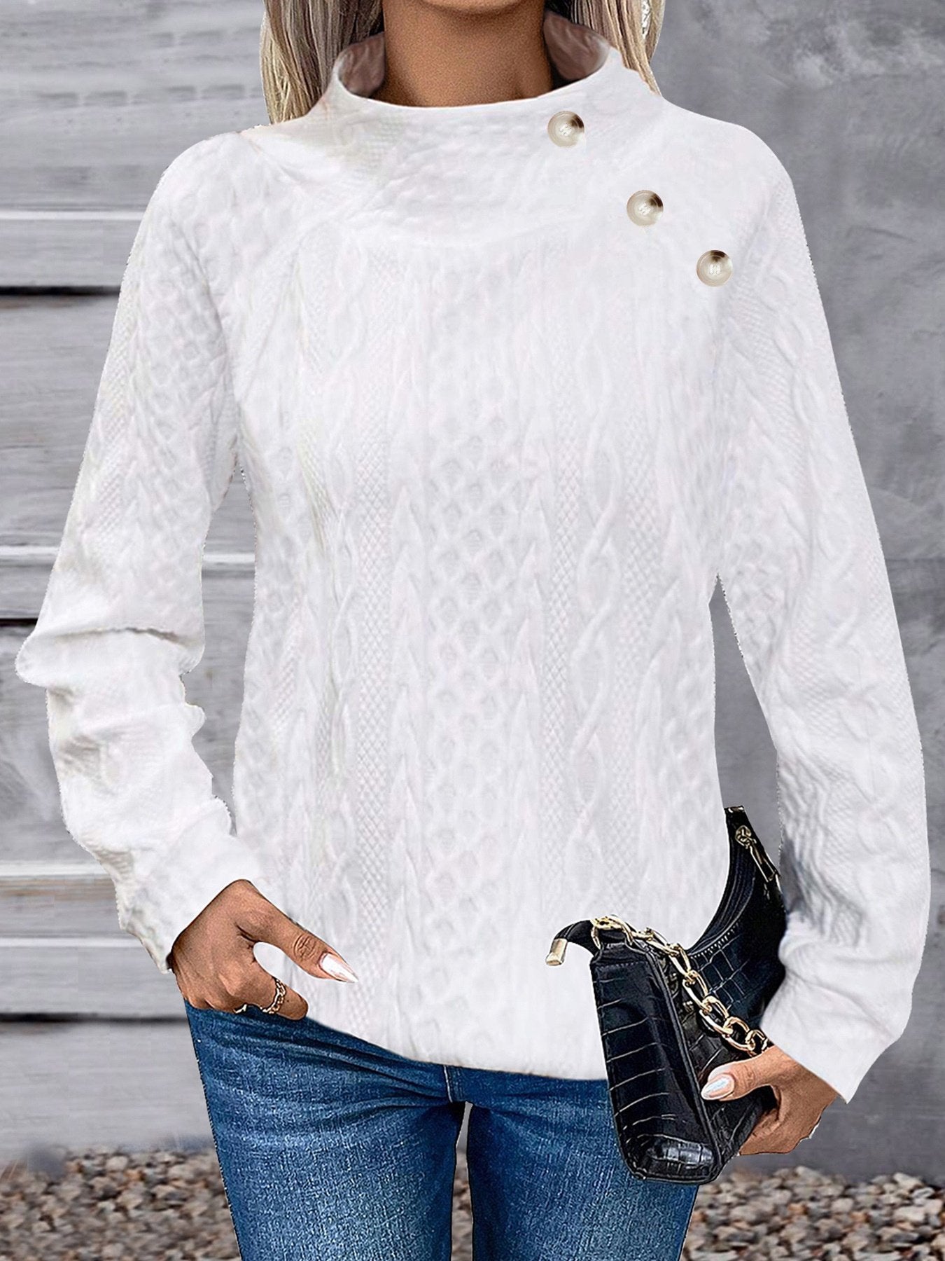 Plain Girly Loose Turtleneck Simple Solid Color Three-dimensional Jacquard High Collar Button Casual Fashion Sports Sweatshirt