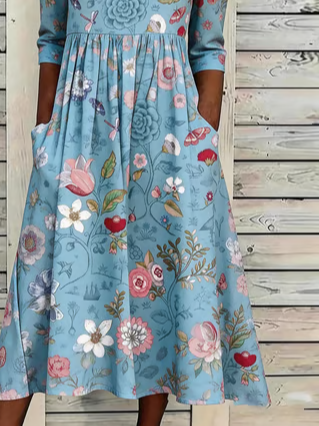Loose Casual Botanical Pattern Dress With No