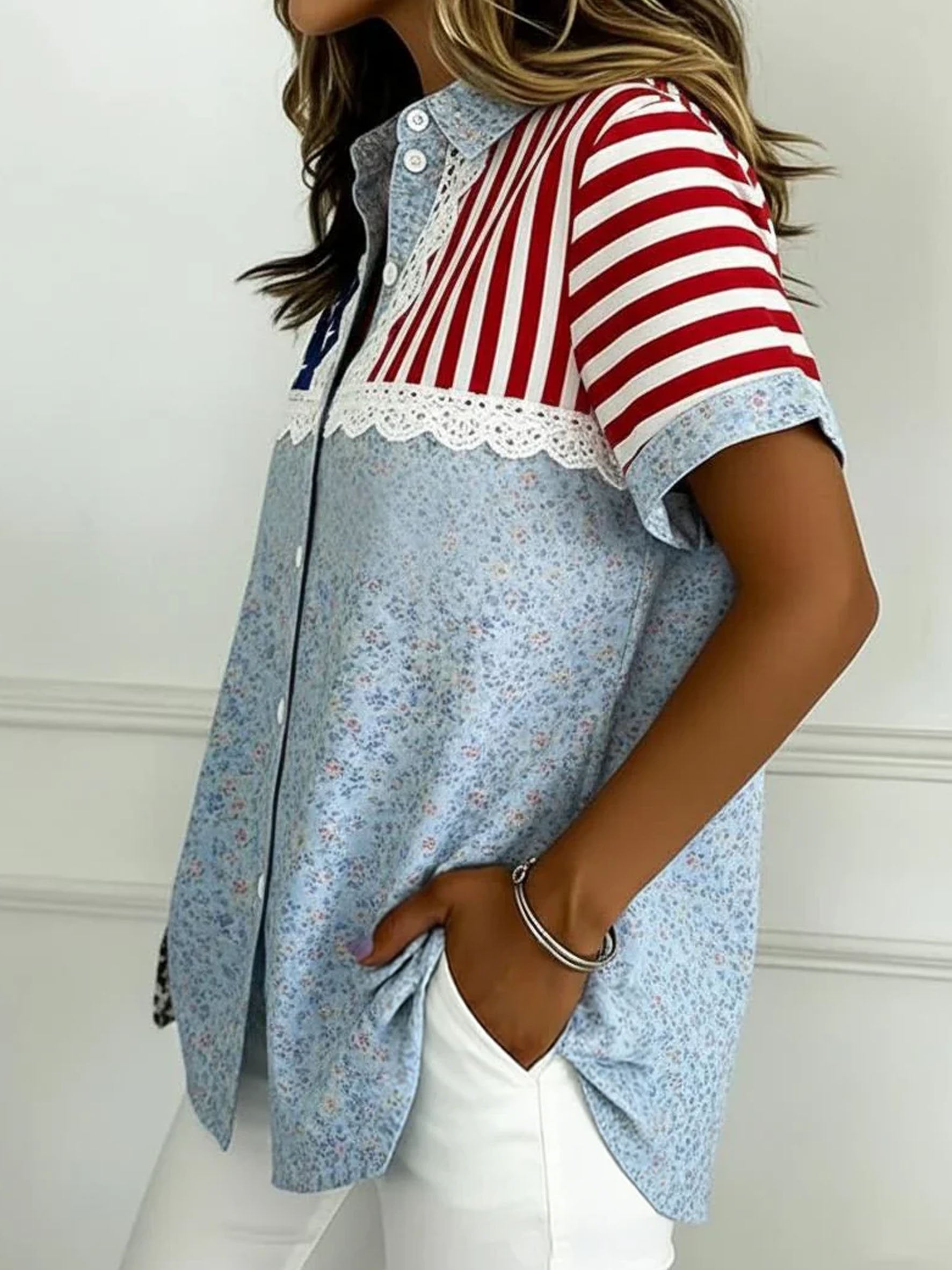 Elegant America Flag Loose Floral Shawl Collar Short Sleeve Going Out Casual Shirt Independence Day