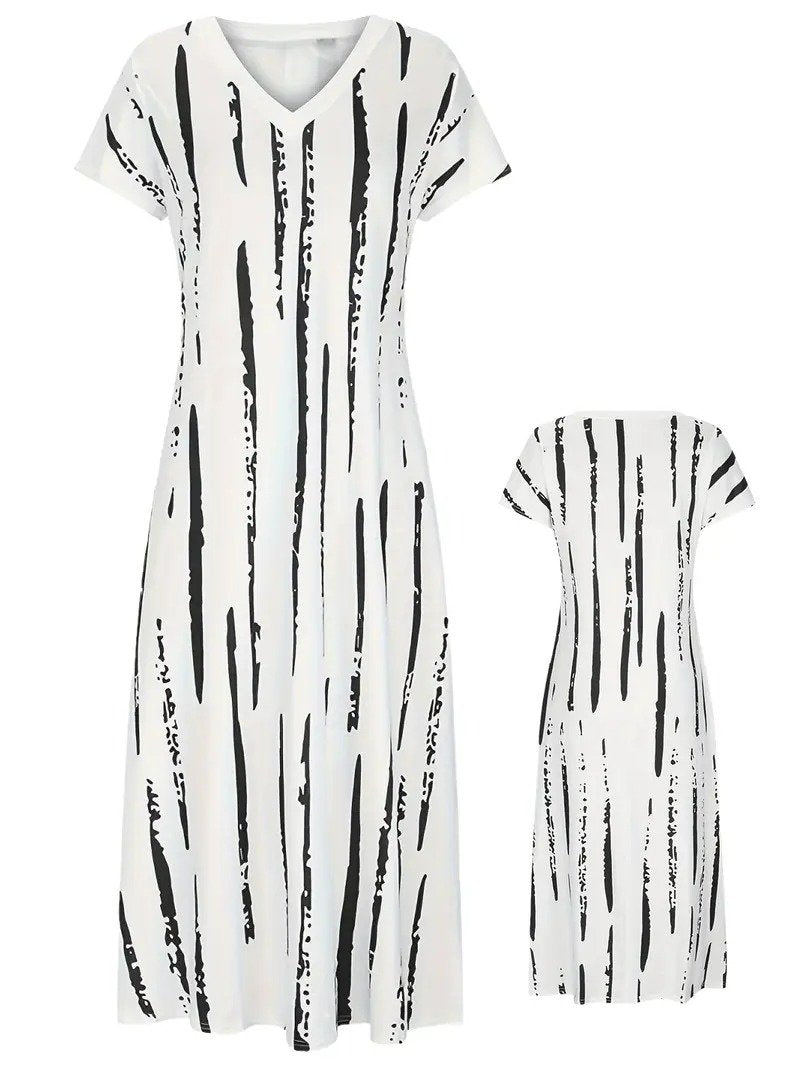 Women's Striped Spring Short Sleeve V-Neck Slit Dress