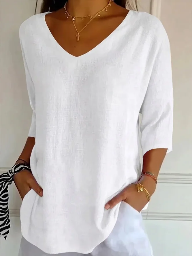Women's Three Quarter Sleeve T-shirt Spring/Fall White Plain Printing V Neck Daily Going Out Casual Top