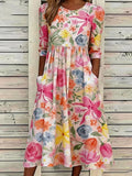 Loose Floral Casual Crew Neck Dress With No