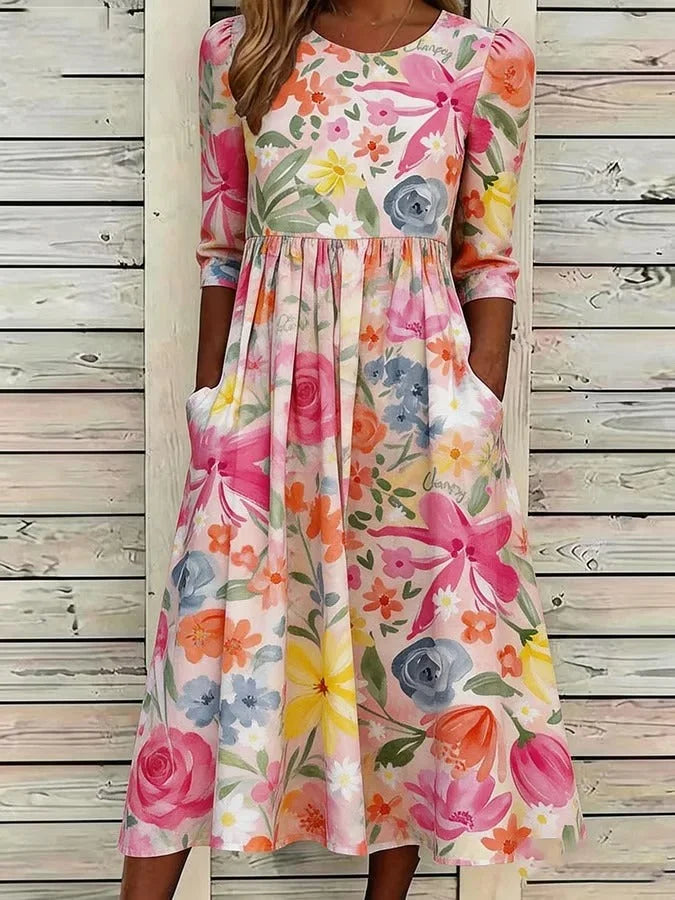 Loose Floral Casual Crew Neck Dress With No