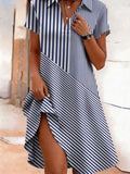 Striped Elegant Shawl Collar Loose Dress With No