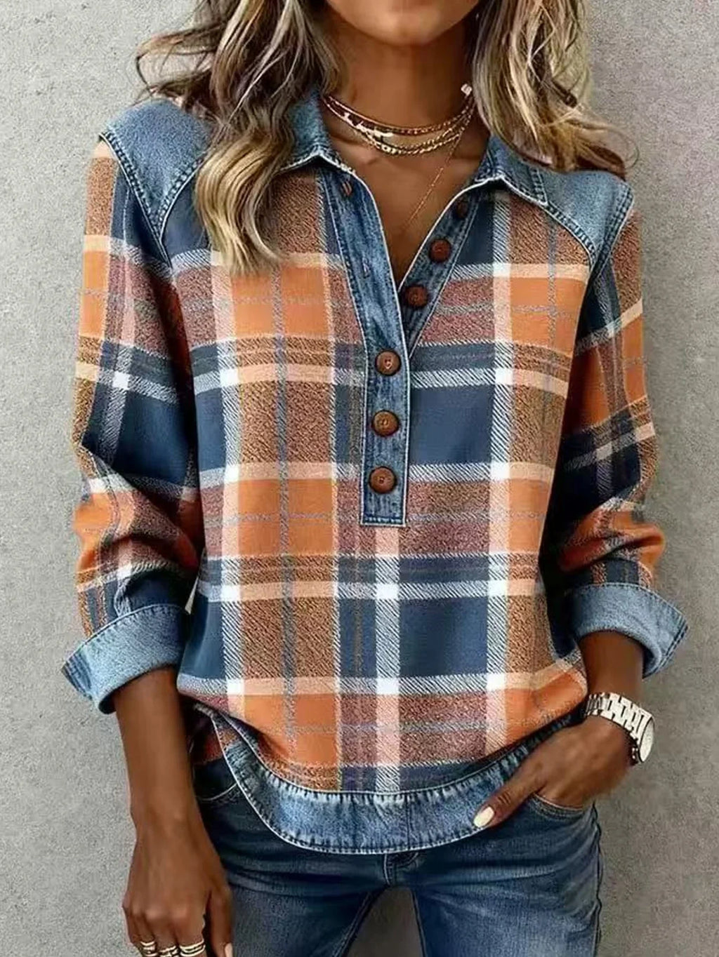 Plaid Color Block Denim Long Sleeve Shawl Collar Casual Loose Sweatshirt