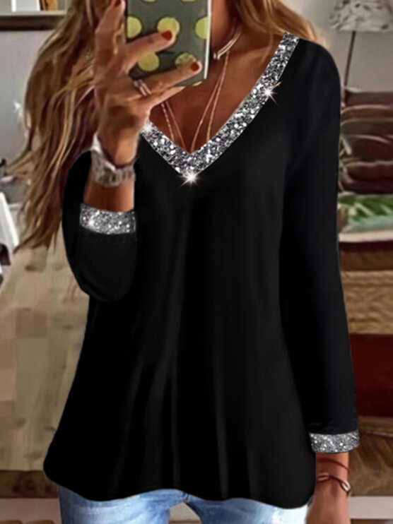 Loose Multicolor Block V Neck Casual T-Shirt