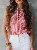 Striped Elegant Stand Collar Sleeveless Button Commuting Gouing Out Casual Shirt