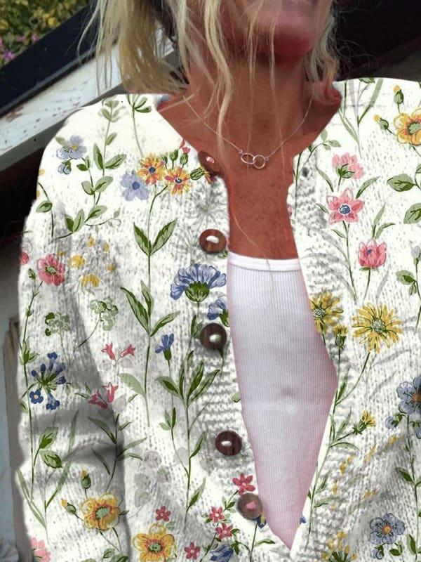 Women's Lovely Floral Art Print Buttoned Cardigan Sweater