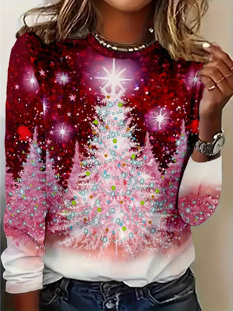 Women's Long Sleeve T-shirt Spring/Fall Red Christmas Printing Jersey Crew Neck Daily Going Out Casual Top