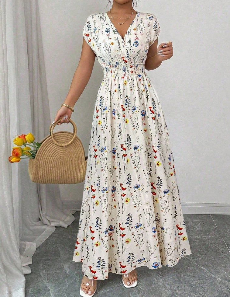 Floral Loose Elegant V Neck Dress With No