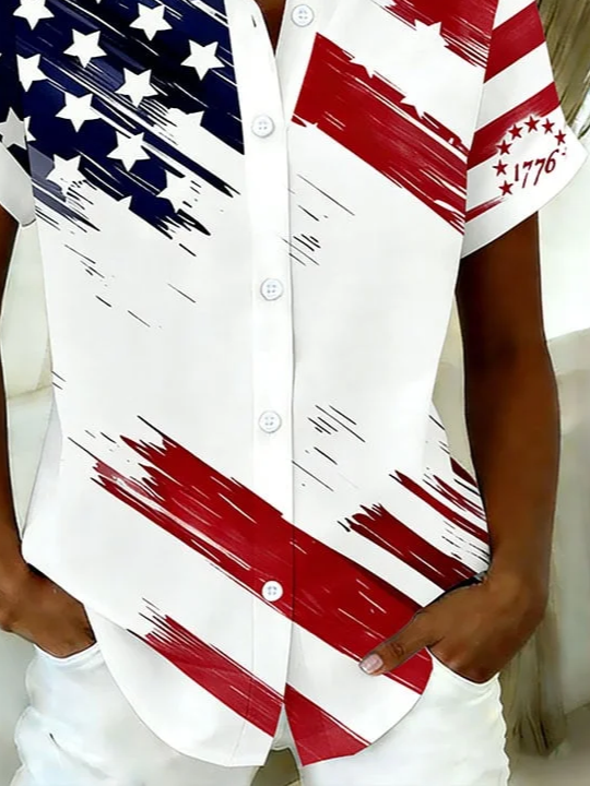 Women's Short Sleeve Shirt Summer White America Flag Printing Shirt Collar Daily Going Out Casual Top